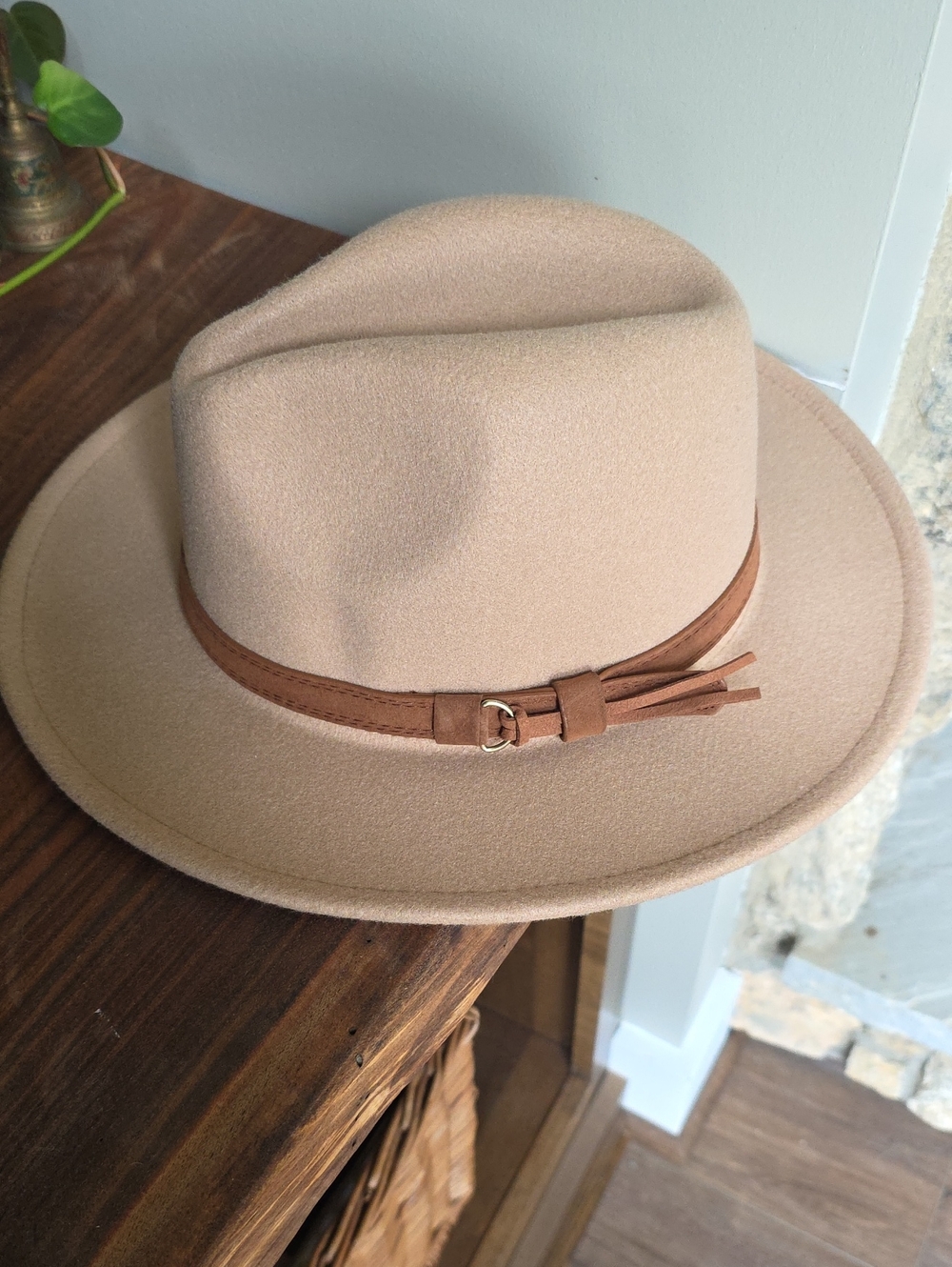 Beige Wool Felt Fedora Hat with Brown Band